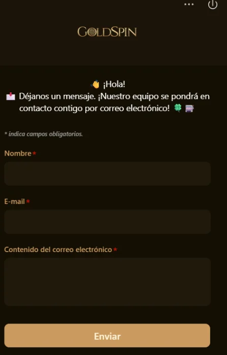 GoldSpin casino formulario de contacto con campos para enviar un mensaje al soporte